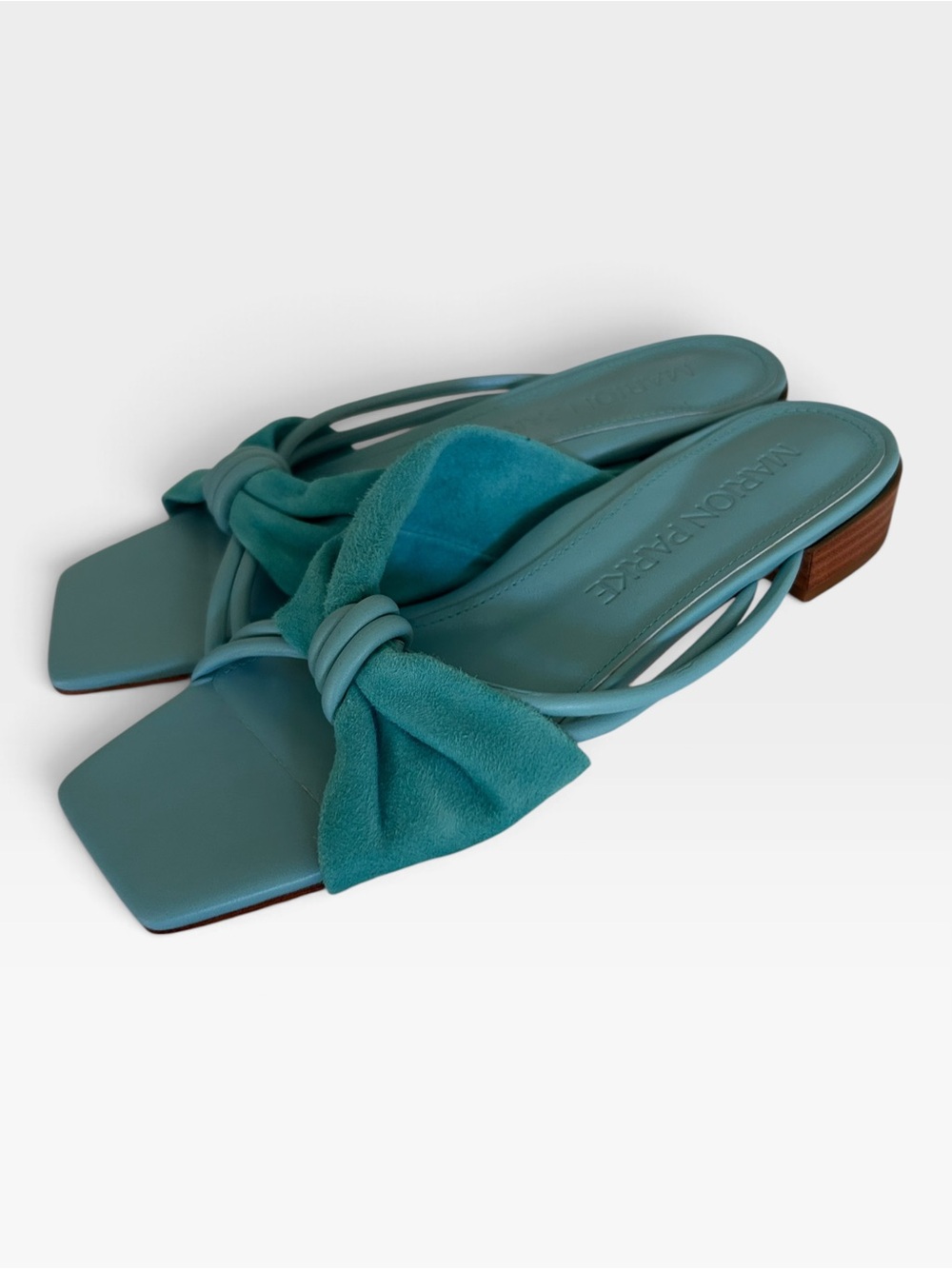 Marion Parke 37 Velvet & Leather Teal Blue Slide Sandals New Retail $595